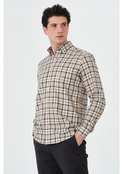 Erkek Bej Ekose Cepli Regular Fit Düğmeli Yaka Uzun Kol Gömlek fiyatları