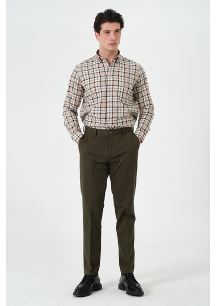 Erkek Bej Ekose Cepli Regular Fit Düğmeli Yaka Uzun Kol Gömlek indirimleri