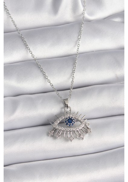 316L Çelik Gümüş Renk Zincir Zirkon Taşlı Göz Model Kadın Kolye - TJ-BKO9564