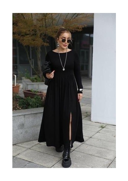 Kadın Kayık Yaka Sırt Dekoltesi ve Yırtmaç Detay Maxi Boy Elbise