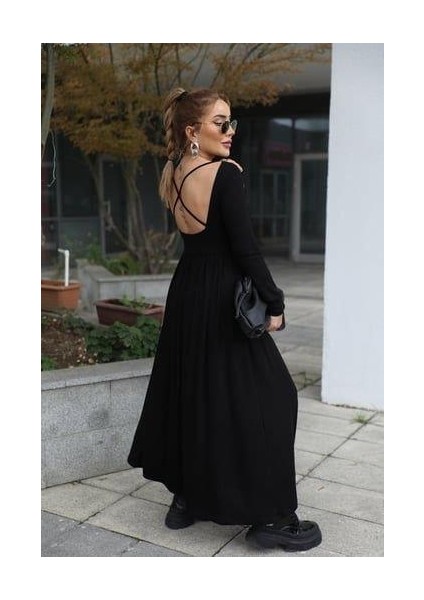 Kadın Kayık Yaka Sırt Dekoltesi ve Yırtmaç Detay Maxi Boy Elbise fiyatları