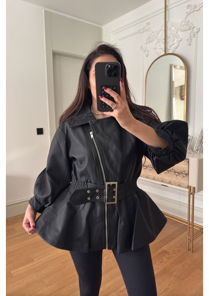 Bel Büzgülü Kemer Detay Vintage Deri Ceket- Siyah