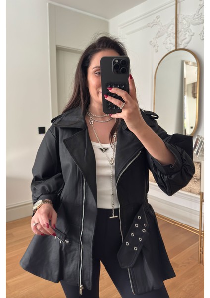 Bel Büzgülü Kemer Detay Vintage Deri Ceket- Siyah fiyatları