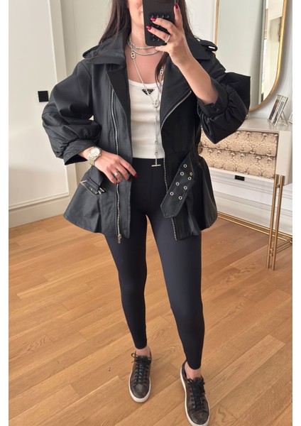 Bel Büzgülü Kemer Detay Vintage Deri Ceket- Siyah modelleri