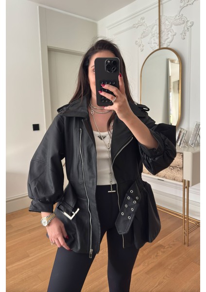 Bel Büzgülü Kemer Detay Vintage Deri Ceket- Siyah fırsatları
