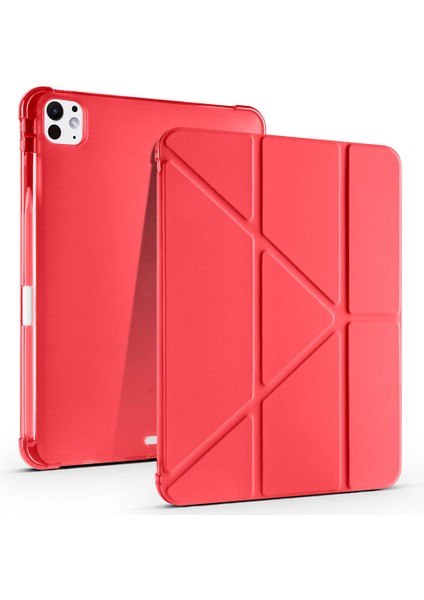 iPad Uyumlu Pro 11 2025 M5 Kılıf Zore Tri Folding Kalem Bölmeli Standlı Kılıf-Kırmızı