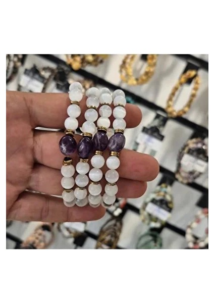 %100 Doğal Selenit ve Ametist Taşı Özel Tasarım Bileklik