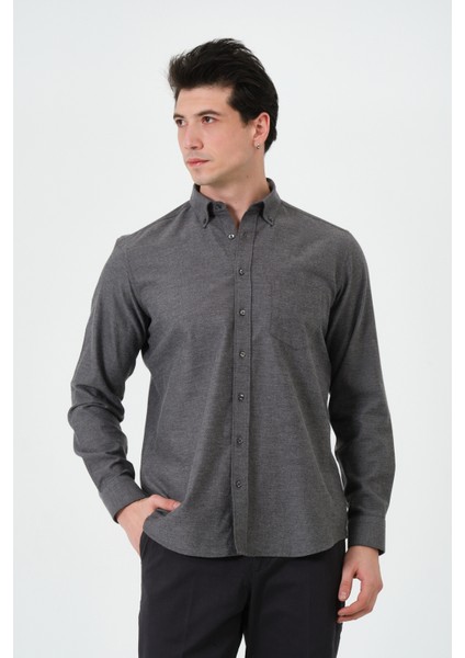 Erkek Antrasit Cepli Regular Fit Düğmeli Yaka Düz Uzun Kol Gömlek