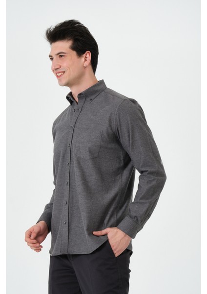 Erkek Antrasit Cepli Regular Fit Düğmeli Yaka Düz Uzun Kol Gömlek fiyatları