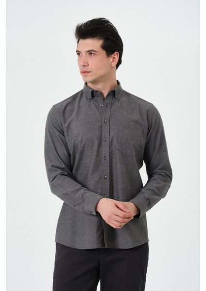 Erkek Antrasit Cepli Regular Fit Düğmeli Yaka Düz Uzun Kol Gömlek modelleri