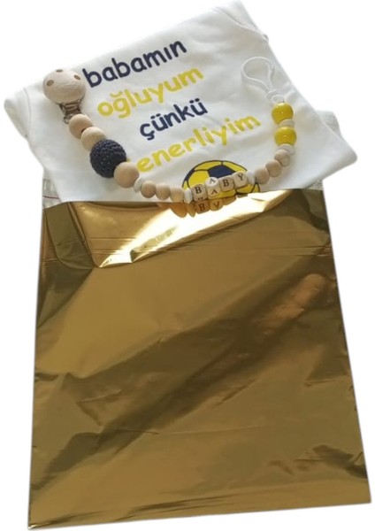 Hoşgeldin Bebek, Yenidoğan Erkek Bebek, Sarı Lacivert Babamın Oğluyum Taraftar Badi ve Isimli Emzik Askısı Hediye Seti fırsatları