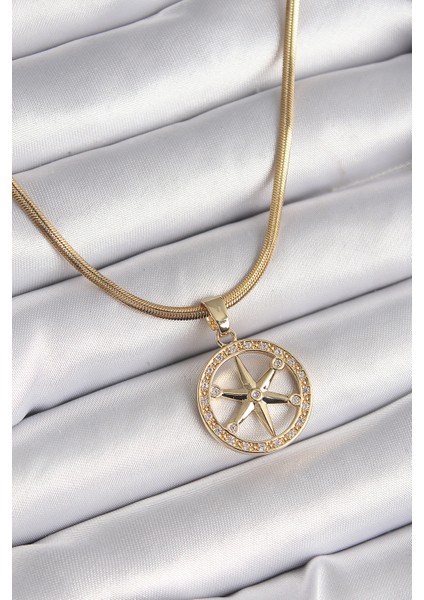 316L Çelik Gold Renk Italyan Zincir Zirkon Taşlı Kutup Yıldız Model Kadın Kolye - TJ-BKO9595