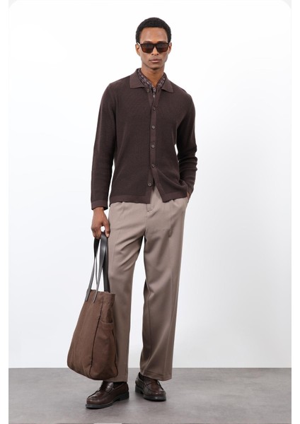 Kahve Ince Örgü Triko Erkek Hırka