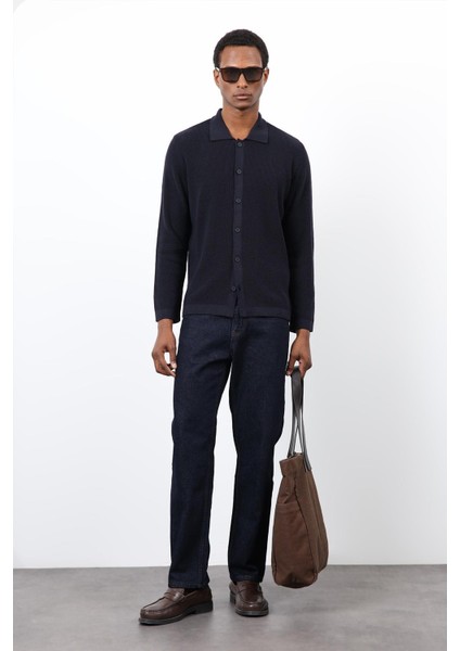 Lacivert Ince Örgü Triko Erkek Hırka