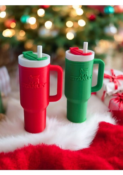 Yılbaşı Termos Kupa Seti, Kırmızı ve Yeşil Renkli, 2 Parça