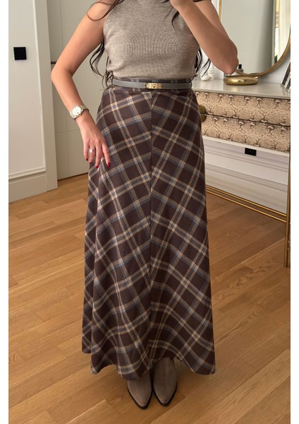 Yeni Sezon Ekose Desen Verevli Etek- Kahverengi