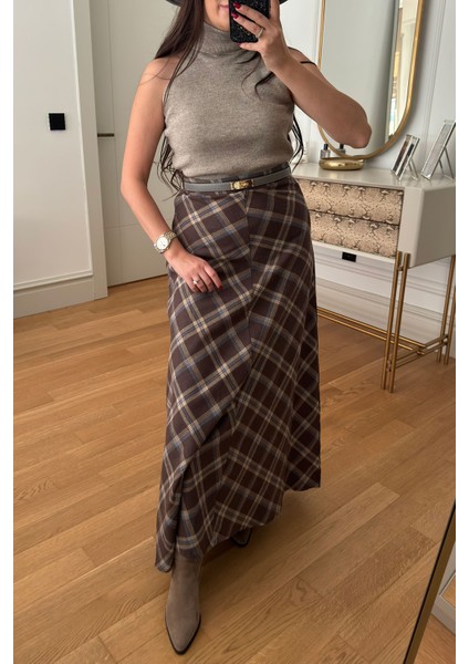 Yeni Sezon Ekose Desen Verevli Etek- Kahverengi modelleri