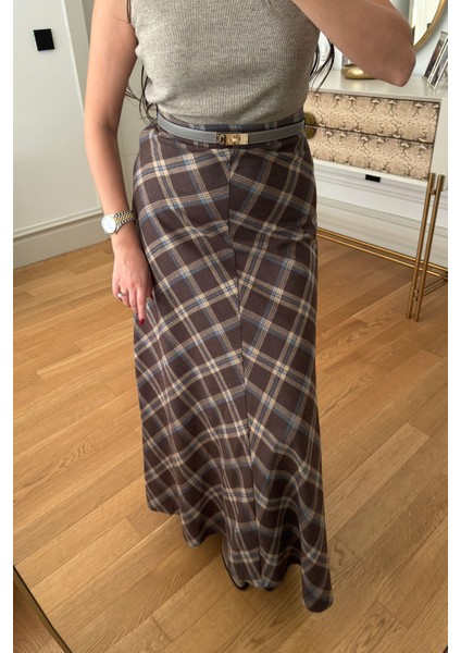 Yeni Sezon Ekose Desen Verevli Etek- Kahverengi fırsatları