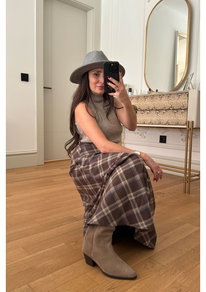 Yeni Sezon Ekose Desen Verevli Etek- Kahverengi indirimleri