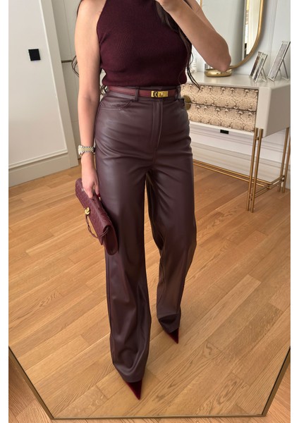 Boru Paça Deri Pantolon- Bordo