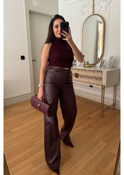 Boru Paça Deri Pantolon- Bordo modelleri