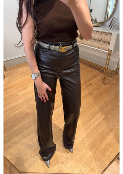 Boru Paça Deri Pantolon- Kahverengi