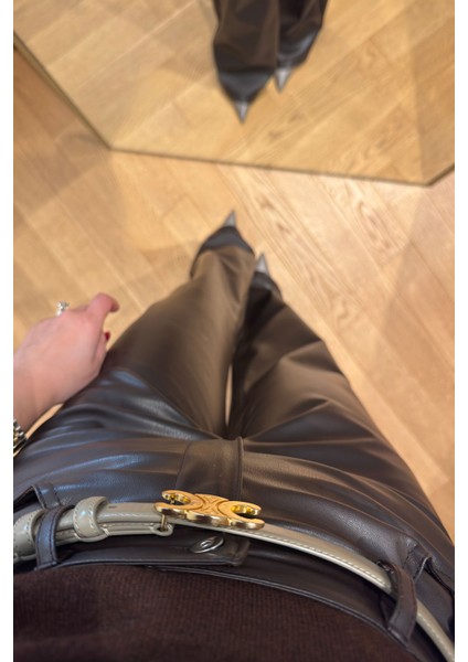 Boru Paça Deri Pantolon- Kahverengi modelleri