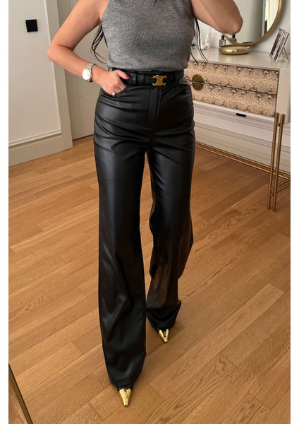 Boru Paça Deri Pantolon- Siyah