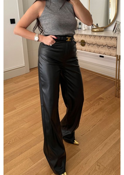 Boru Paça Deri Pantolon- Siyah fiyatları
