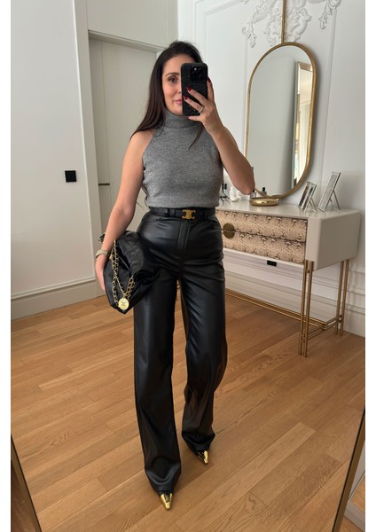 Boru Paça Deri Pantolon- Siyah modelleri