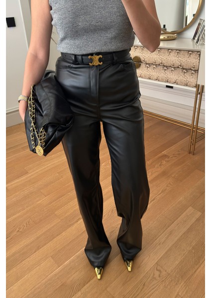 Boru Paça Deri Pantolon- Siyah fırsatları