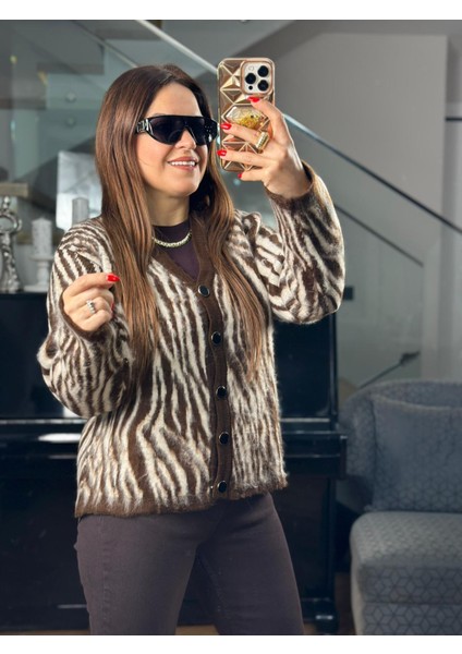 Zebra Desenli Kahve Krem Hırka