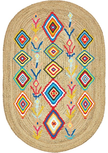 Boho 976 Jüt Hasır Etnik Desenli Oval Jüt Örme Doğal Hasır Natural Oval Halı