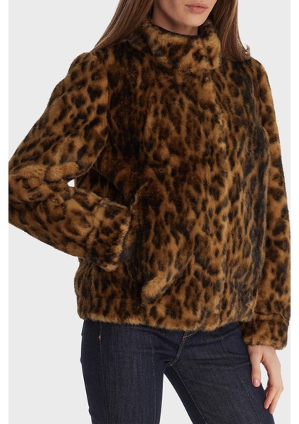Luna Leopar Desenli Regular Fit Dik Yaka Suni Kürk Mont W5BL65W3900 Bayan Mont W5BL65 W3900 P340