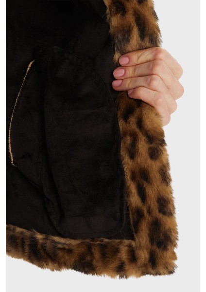 Luna Leopar Desenli Regular Fit Dik Yaka Suni Kürk Mont W5BL65W3900 Bayan Mont W5BL65 W3900 P340