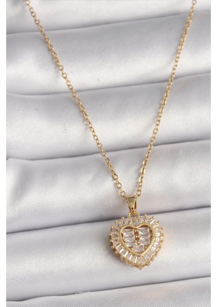 316L Çelik Gold Renk Zincir Zirkon Taşlı Kalp Model Kadın Kolye - TJ-BKO9786