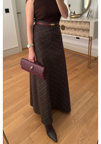 Yeni Sezon Ekose Desen Verevli Etek- Haki