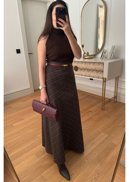 Yeni Sezon Ekose Desen Verevli Etek- Haki fiyatları