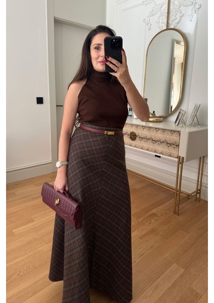 Yeni Sezon Ekose Desen Verevli Etek- Haki modelleri