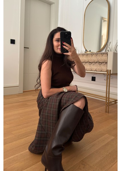 Yeni Sezon Ekose Desen Verevli Etek- Haki indirimleri