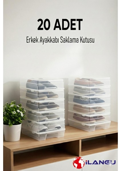 20 Adet Şeffaf Erkek Ayakkabı Saklama Kutusu-Hava Kanallı-Ayakkabı Düzenleyici