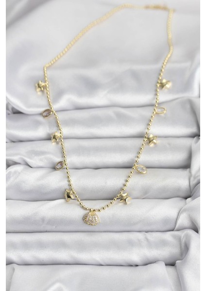 Pirinç Gold Renk Zirkon Taşlı Deniz Kabuğu Model Kadın Kolye - TJ-BKO10646 fiyatları