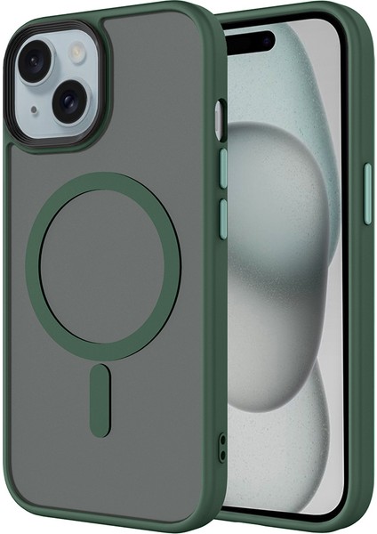 iPhone Uyumlu 15 Plus Kılıf Mat Arka Yüzey Wireless Şarj Özellikli Zore Flet M-Safe Kapak-Koyu Yeşil