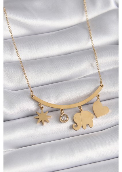316L Çelik Gold Renk Fil Figür Zirkon Taş Detay Kadın Kolye - TJ-BKO9408
