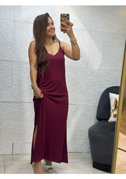 Ince Askılı Yırtmaçlı Bordo Elbise fiyatları