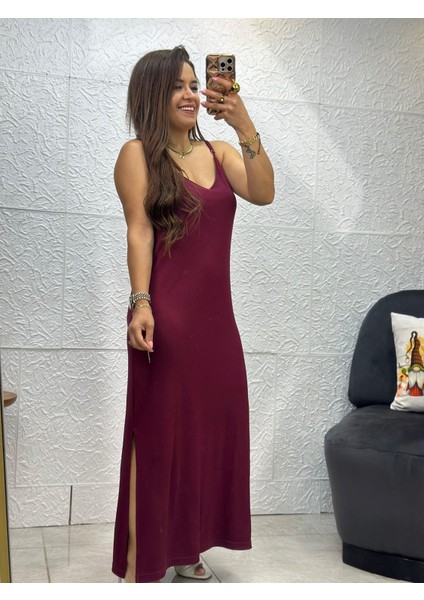 Ince Askılı Yırtmaçlı Bordo Elbise modelleri