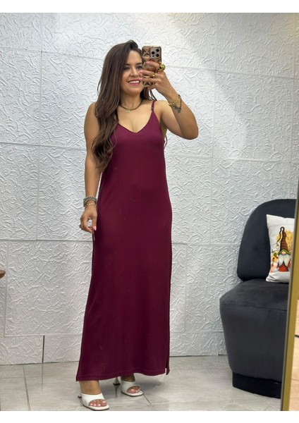 Ince Askılı Yırtmaçlı Bordo Elbise fırsatları