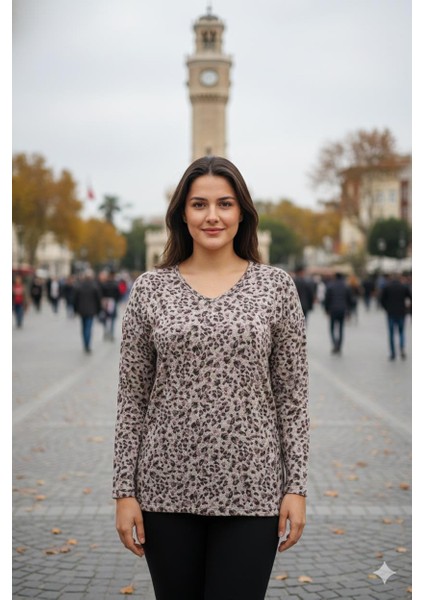 Barem Kadın Lina Büyük Beden Kışlık V Yaka Yumoş Kahve Bluz D08