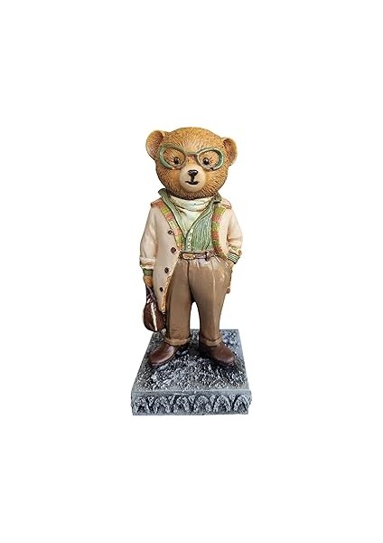 A3 - Dekoratif Teddy Biblo Figürü – El Boyaması Reçine Koleksiyonluk Ayı Heykelcik – Gözlüklü ve Ça