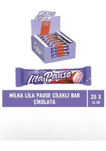 Lila Pause Çilekli Çikolata Bar 34 gr - 25'li Atıştırmalık Paket